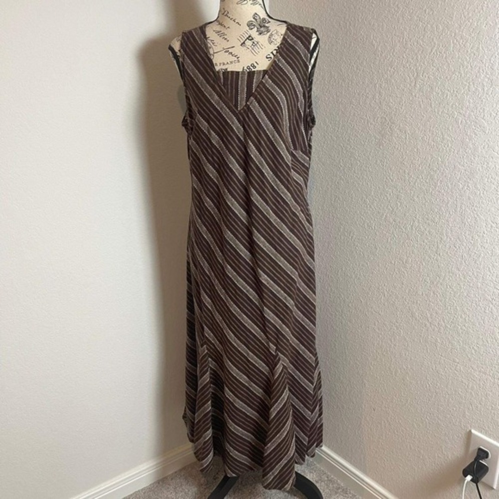 Evan-Picone Striped Midi Dress V-Neck Sleeveless Casual Brown Dress Size L‎